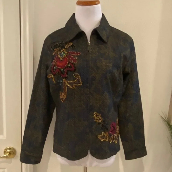 Chico’s Mottled Stretch Denim Jacket Sequin Floral - Picture 4 of 12